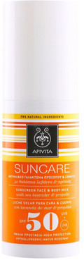 Солнцезащитное молочко для лица и тела с кермеком и прополисом Apivita Suncare Sunscreen Face And Body Milk With Sea Lavender And Propolis SPF 50 фото