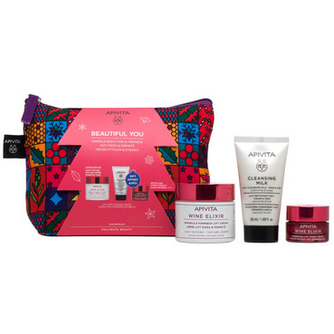 Набор ВАЙН ЭЛИКСИР для лица c легкой текстурой от морщин Apivita Wine Elixir Kit (cr/50ml + cr/15ml + milk/50ml) фото