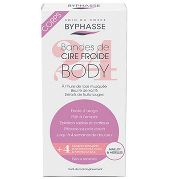 Набір для депіляції зони бікіні та області пахв Byphasse Cold Wax Strips Bikini & Underarms For Sensitive Skin (24/strips + 4/wipes) фото