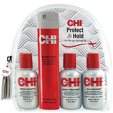 Дорожний набір для фарбованого волосся CHI Protect And Hold Kit Set (shmp/59ml + hair/spray/74g + mask/59ml + silk/59ml) фото