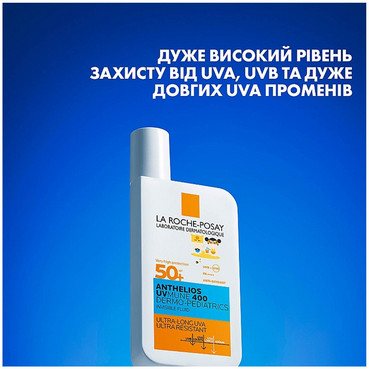 сонцезахисний легкий флюїд антеліос дермо-педіатрікс для чутливої та схильної до подразнень шкіри дітей, захист від uvb та дуже довгих uva променів spf 50+ la roche-posay anthelios uv mune 400 invisible fluid spf50+ фото