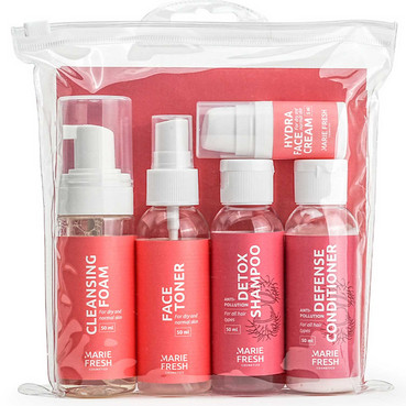 Дорожній набір для сухої та нормальної шкіри Marie Fresh Cosmetics Travel Set For Dry Skin (f/foam/50ml + f/ton/50ml + h/shm/50ml + h/cond/50ml + f/cr/5ml) фото