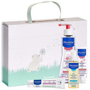 Подарунковий набір для новонародженого Mustela Kit (clean/water/300ml + f/cr/40ml + b/oil/100ml + b/cr/50ml) фото