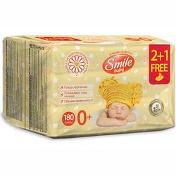 Вологі серветки для новонароджених з екстрактами ромашки і алое Smile Baby Multipack 2+1 фото