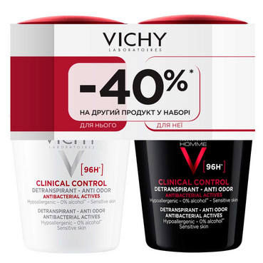 Набір дезодорантів для чоловіків та жінок, 96 годин захисту Vichy Clinical Control Deperspirant 96h Set (deo/woman/50ml + deo/men/50ml) фото