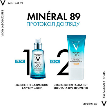 денний зволожувальний сонцезахисний флюїд для шкіри обличчя, spf50+ vichy mineral 89 72h moisture boosting daily fluid spf 50+ фото